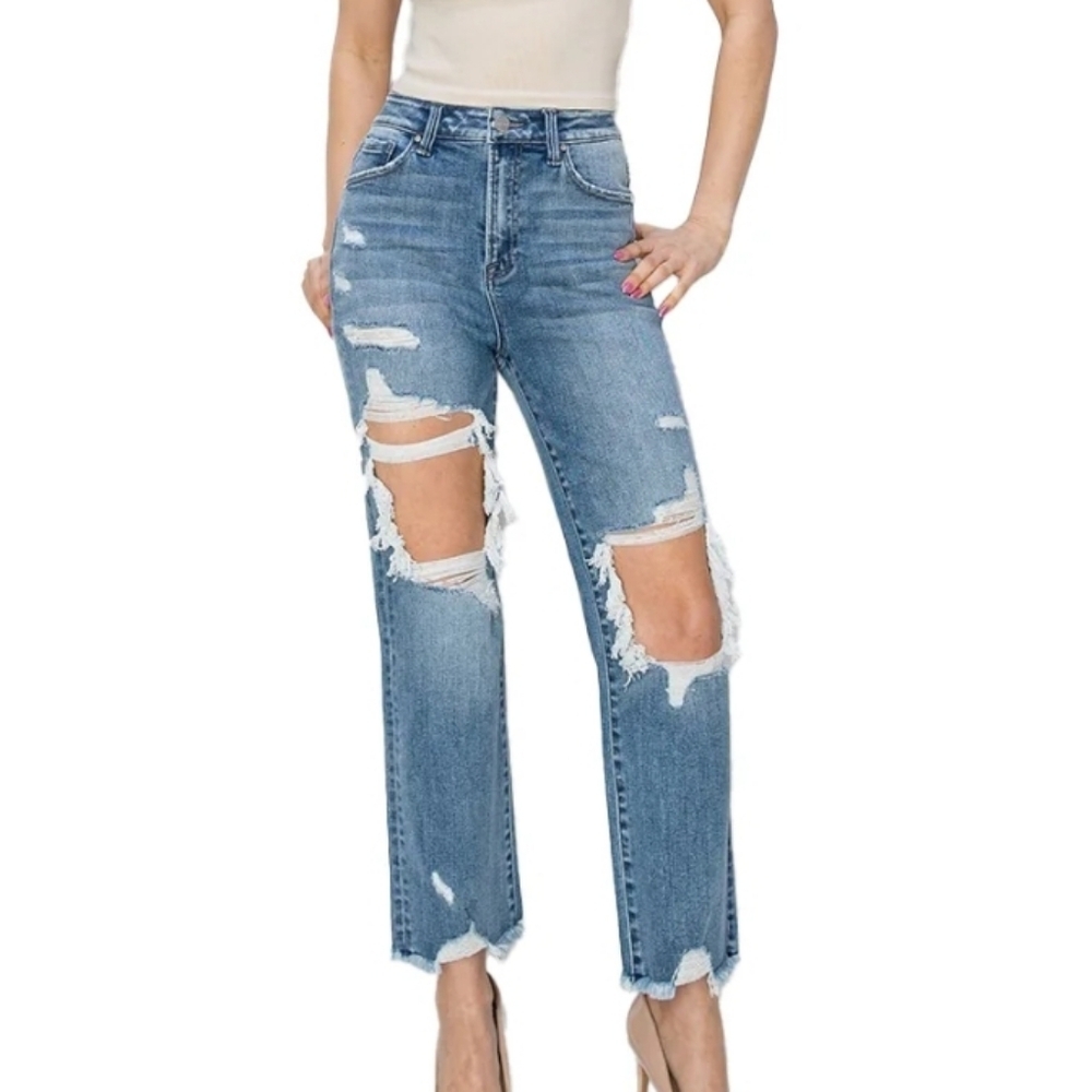 NWT Risen Medium Wash Distressed Destructed High Rise Straight Leg Cropped Jean